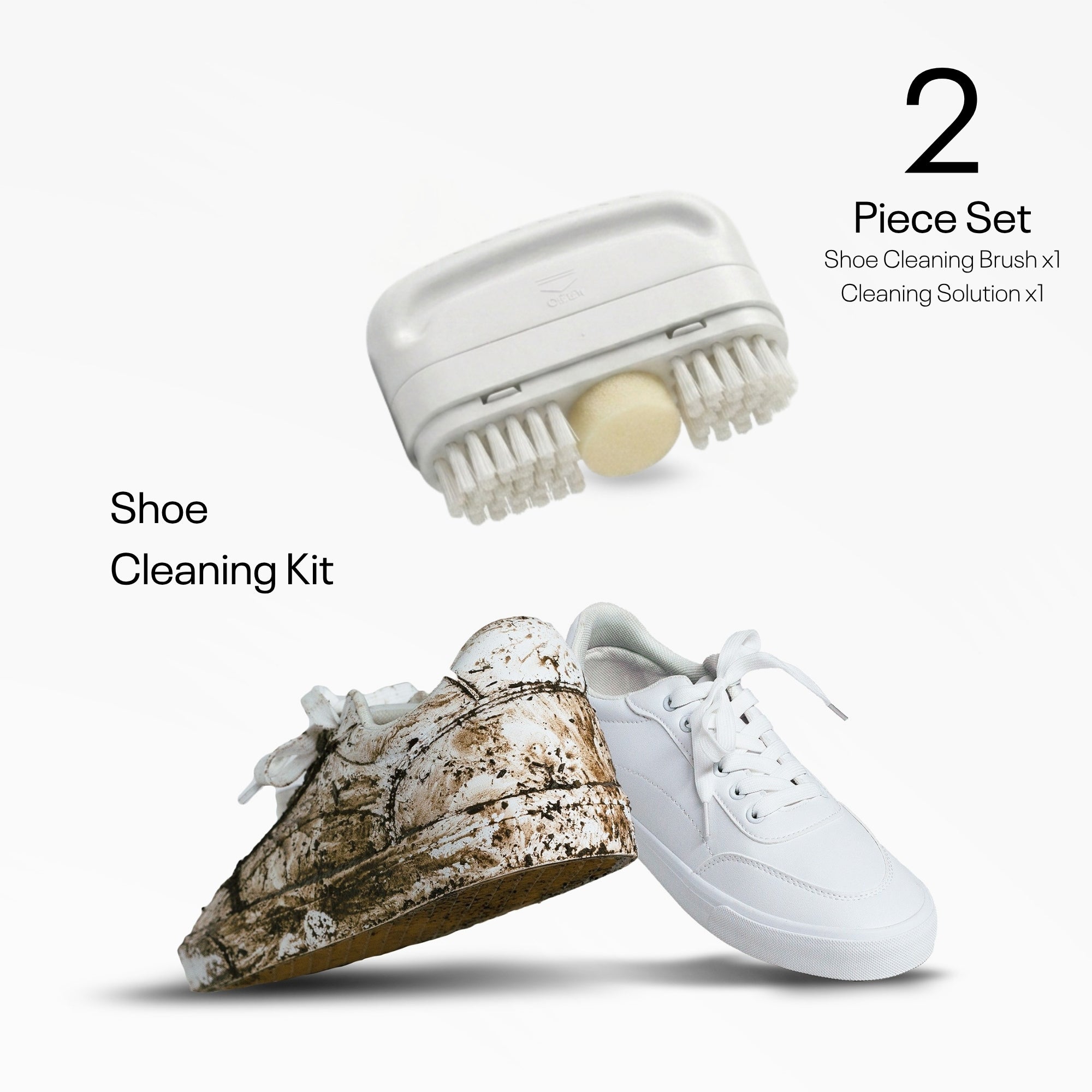A 2-piece shoe cleaning kit shown on a clean white background, featuring a white handheld brush with soft bristles and a round beige cleaning pad, alongside a pair of shoes used for demonstration: one dirty sneaker and one clean white sneaker. Text labels identify the set and components.